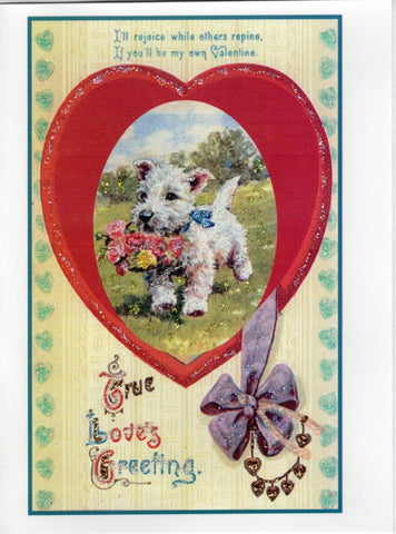 TRUE LOVE'S GREETING ~ White Dog with Roses Glitter Valentine Card