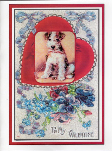 TO MY VALENTINE ~ Fluffy Dog with Flowers Glitter Card