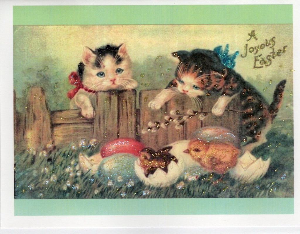 A Joyous Easter ~ Two Kittens & Hatching Chicks Glitter Card