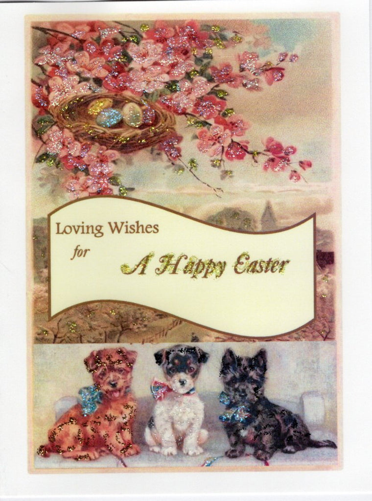 Loving Wishes for A Happy Easter ~ Pink Flowering Tree & Three Puppies Glitter Card