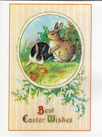 Best Easter Wishes ~ Framed Rabbits & Snowdrops Glitter Card