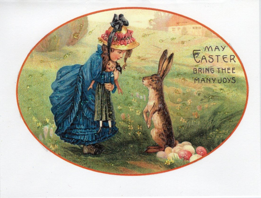 May Easter Joys Bring Thee Many Joys ~ Little Girl & Bunny Glitter Card