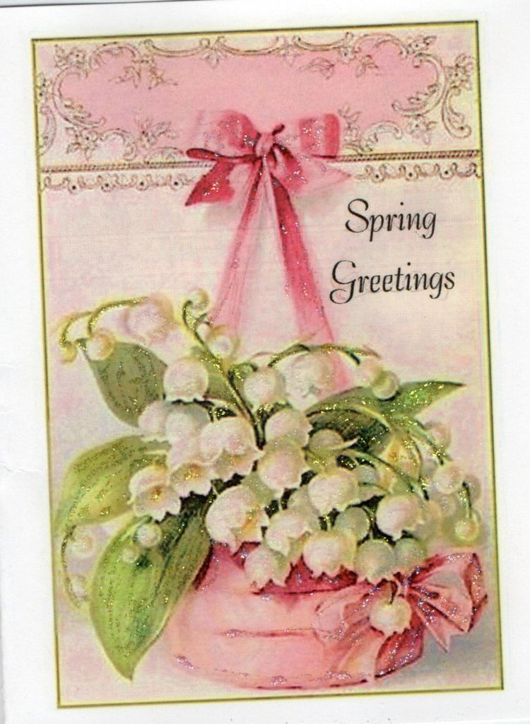 Spring Greetings ~ Lilies of the Valley in Pink Basket Glitter Card