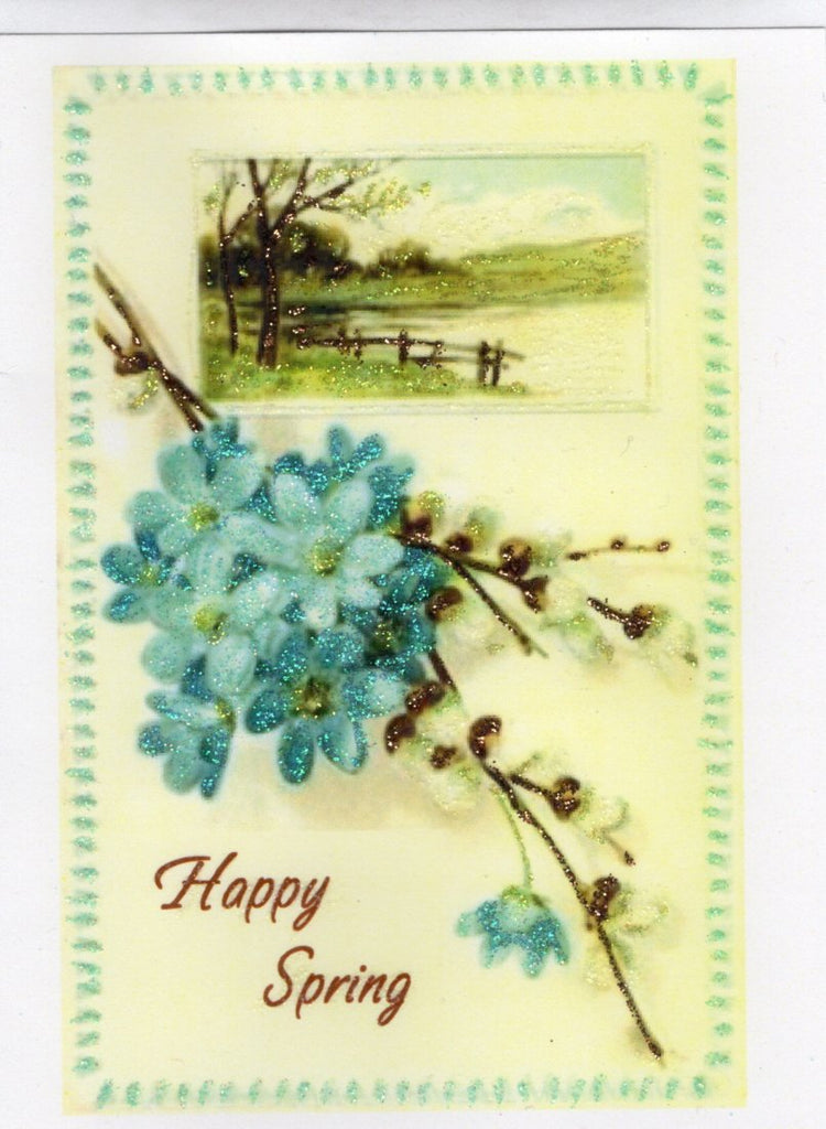 Happy Spring Bouquet of Blue Flowers & Catkins Glitter Card