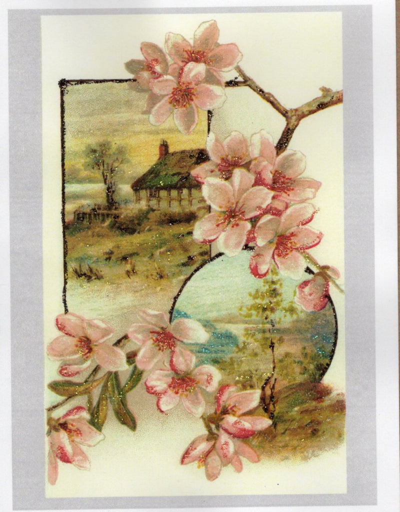 Cherry Blossoms Over Landscape Glitter Card