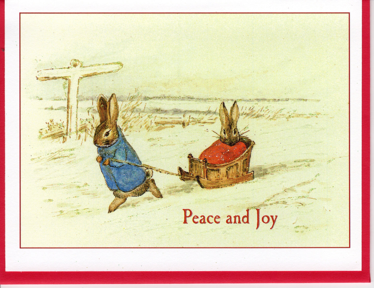 Peace & Joy Rabbits Sled in Snow Glitter Card