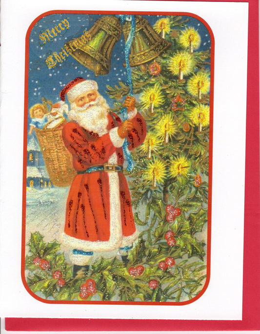 Merry Christmas ~ Santa Ringing Bells Glitter Card