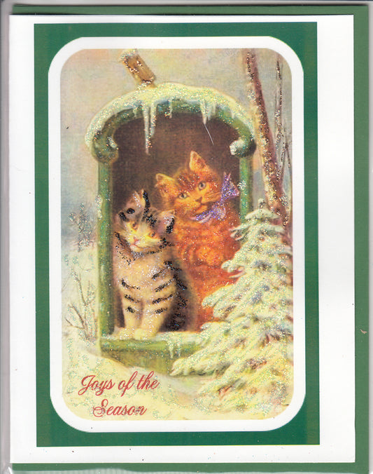 Orange & Striped Kitties Under Icicles Christmas Glitter Card