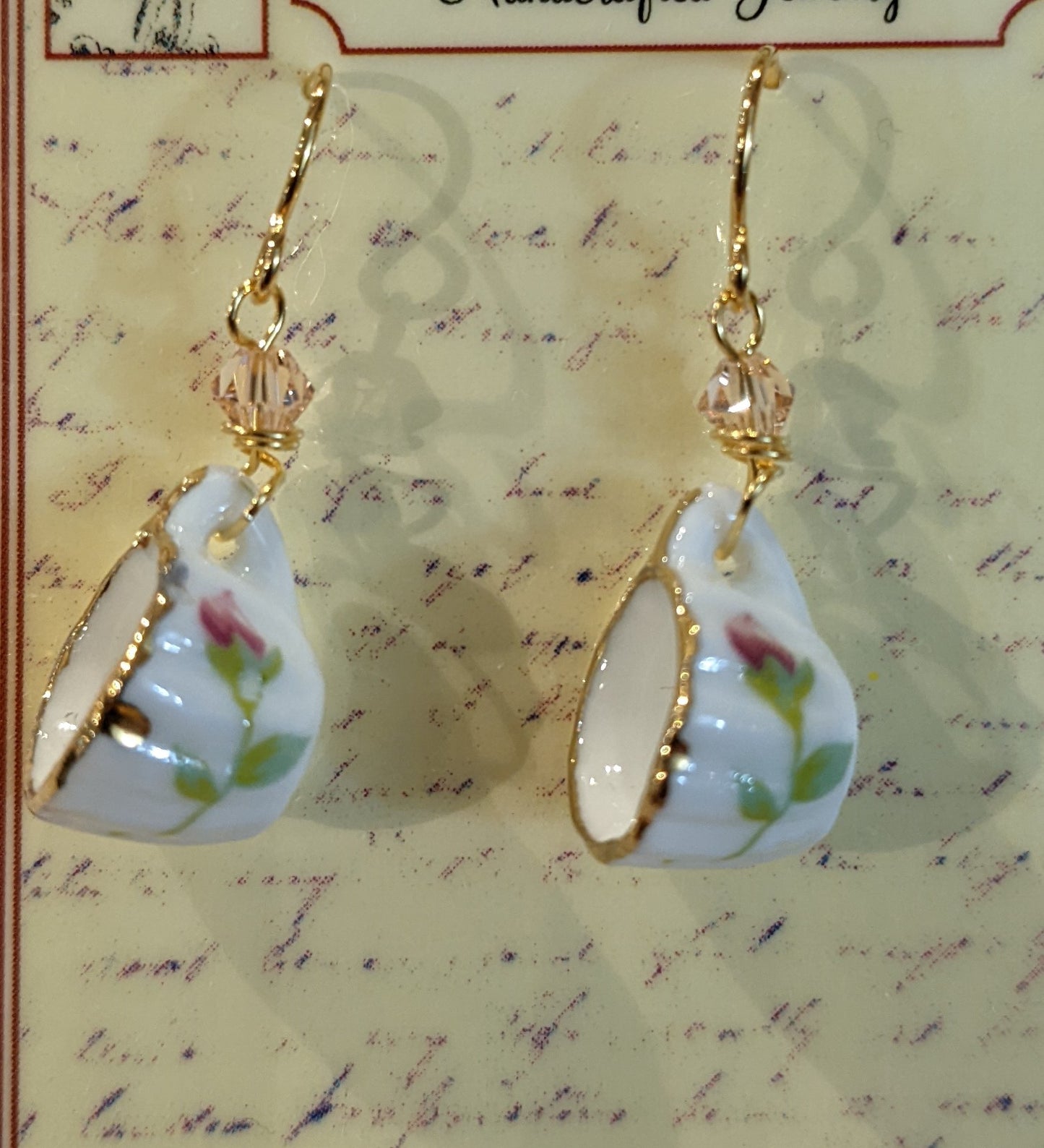 Pink Rosebud Mini Teacup Earrings-porcelain : crystal/wire