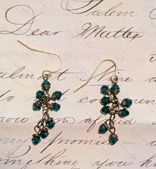 Emerald & Brass Cluster Drop Earrings