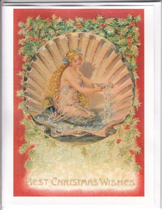 Mermaid in Sea Shell Best Christmas Wishes Glitter Card