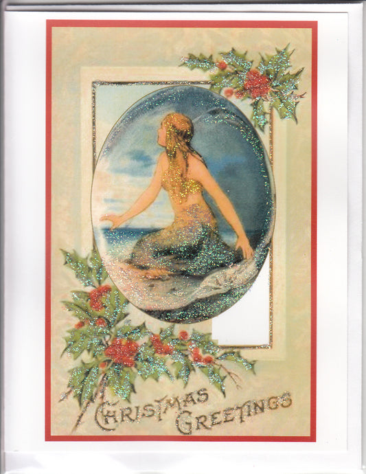 Mermaid on Sea Shore Christmas Greetings Glitter Card