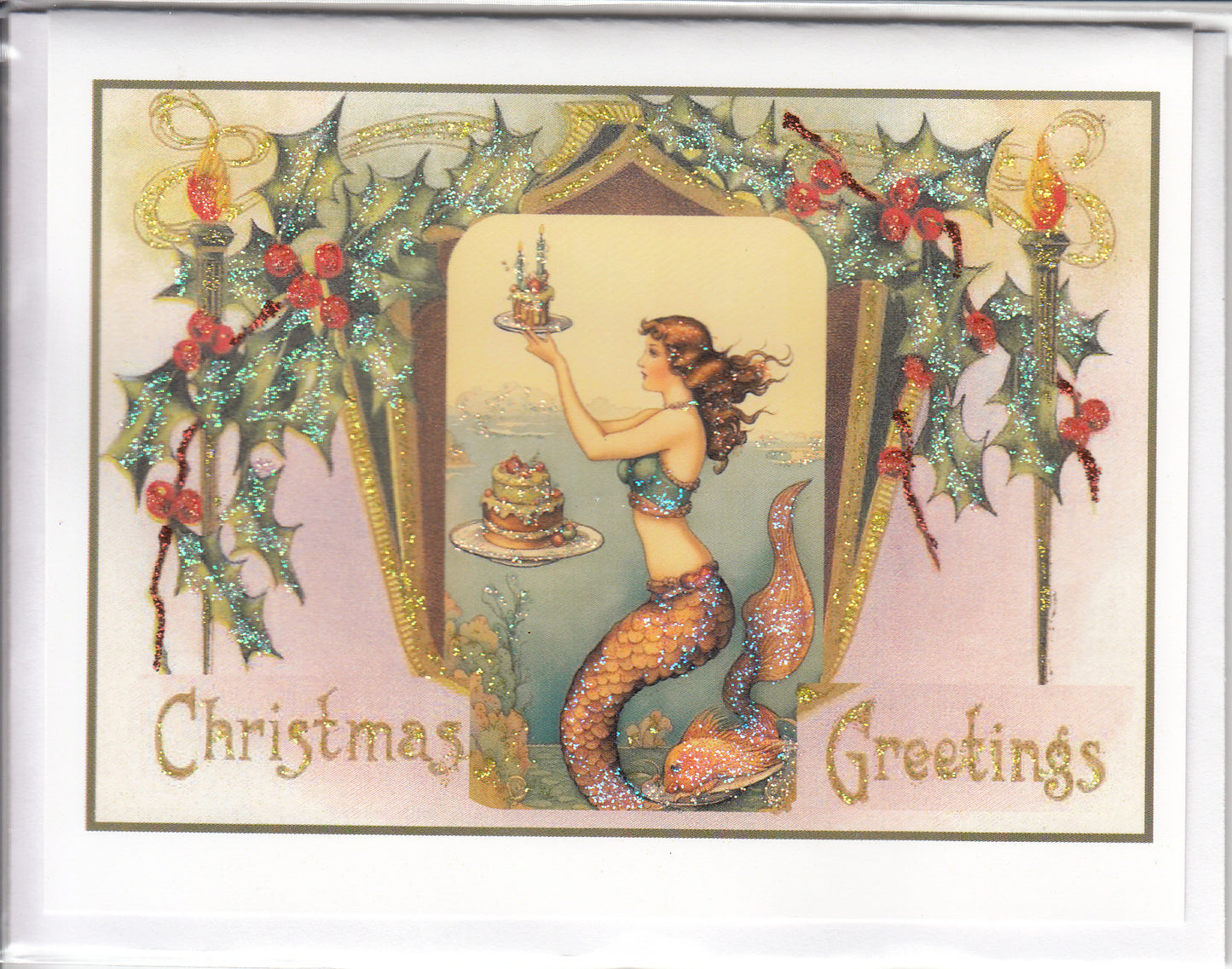 Mermaid with Cake Christmas Greetings Glitter Card