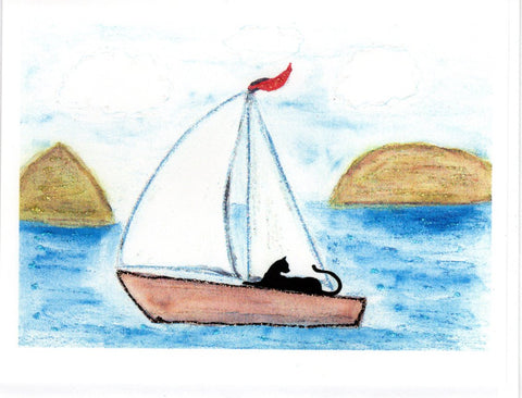Sailing Cat Watercolor Glitter Card