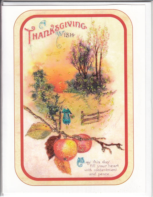 A Thanksgiving Wish ~ Pastoral Landscape Apples on Branch Glitter Card
