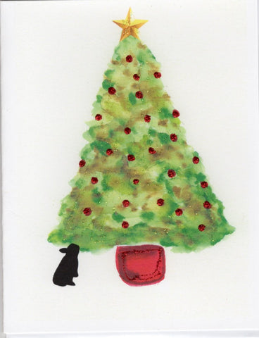 Bunny Under Tree with Star Holiday Watercolor Glitter Card