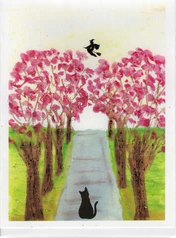 Cat on Spring Avenue with Witch Watercolor Glitter Card
