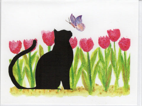 Cat Pondering Spring Tulips Watercolor Glitter Card