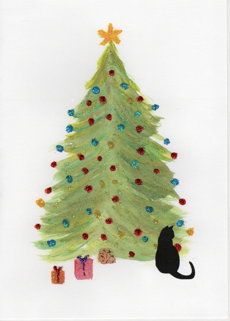 Cat Under Christmas Tree Watercolor Glitter Card