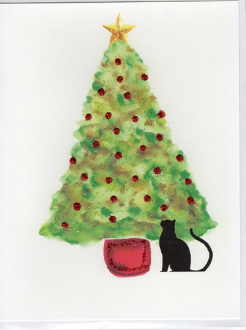 Cat Under Tree with Star Holiday Watercolor Glitter Card