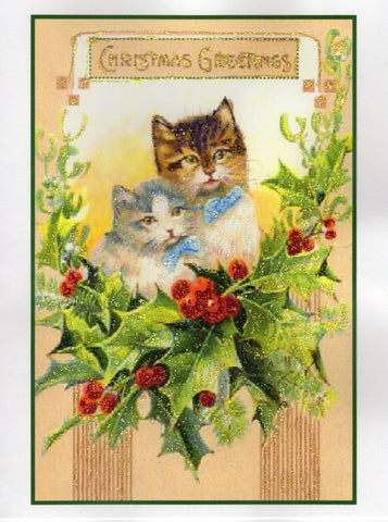 Christmas Greetings Cats in Holly Glitter Card
