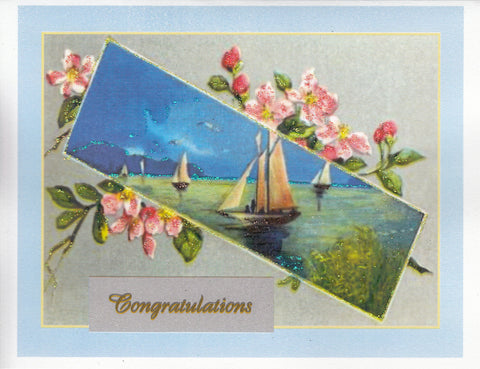 Congratulations ~ Seascape & Pink Flowers Glitter Card