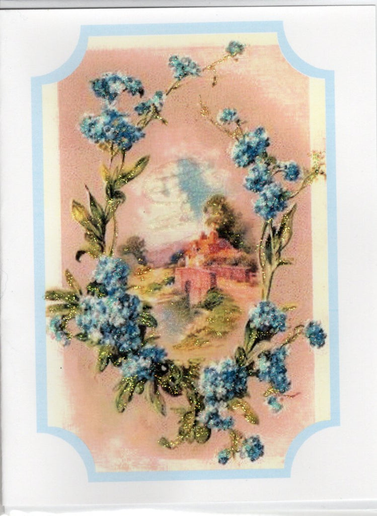 Cottage Scene Framed with Blue Flowers Glitter Card