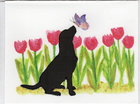 Dog Pondering Spring Tulips Watercolor Glitter Card