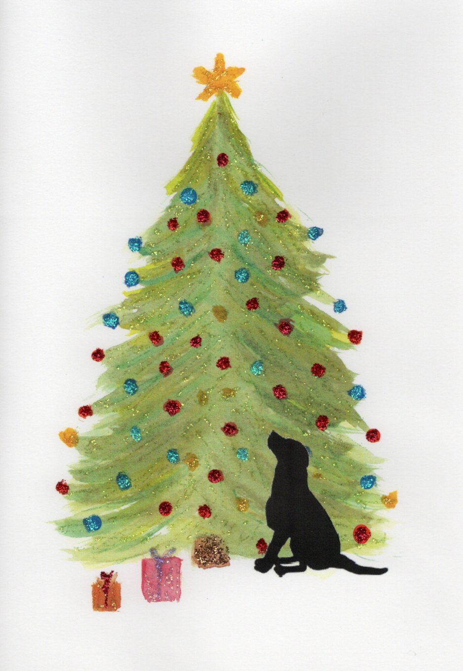 Dog Under Christmas Tree Watercolor Glitter Card