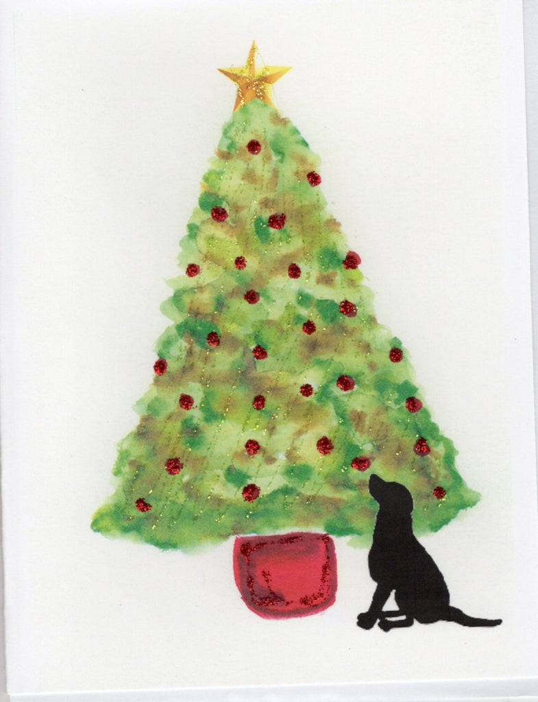 Dog Under Tree with Star Holiday Watercolor Glitter Card