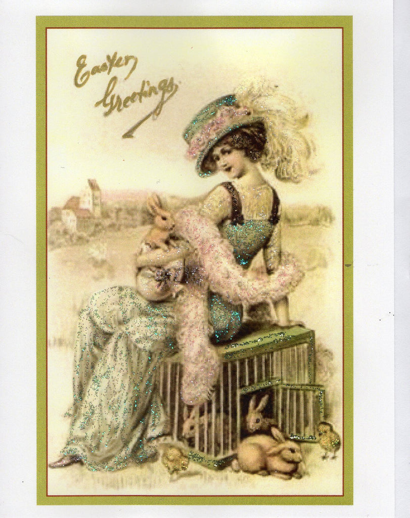 Easter Greetings Edwardian Lady & Bunnies Glitter Card