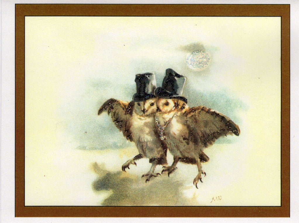 Gentlemen Owls on Moonlit Walk Glitter Card