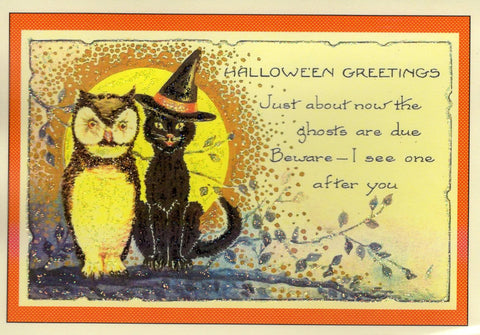 Halloween Greetings...Owl and Black Cat Glitter Card