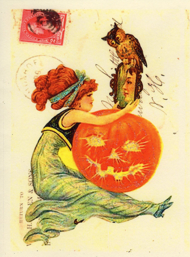 Halloween Greetings ~ Victorian Lady with Owl & Mirror Glitter Card