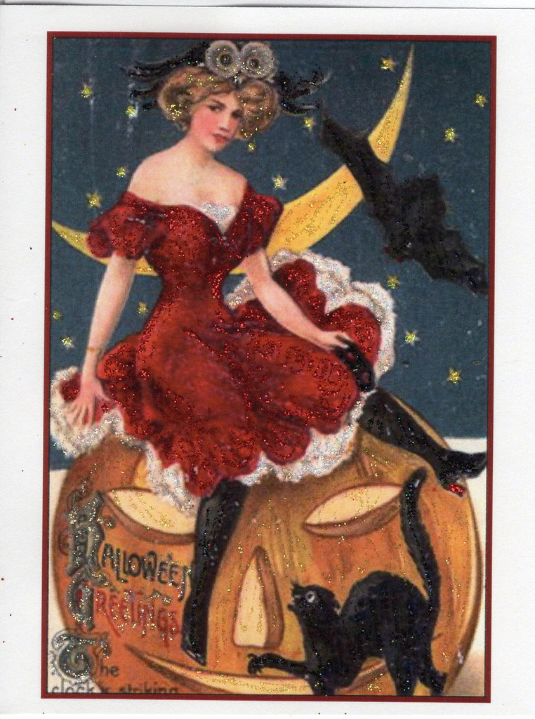 Halloween Greetings...Sassy Red Dress Victorian Lady Glitter Card