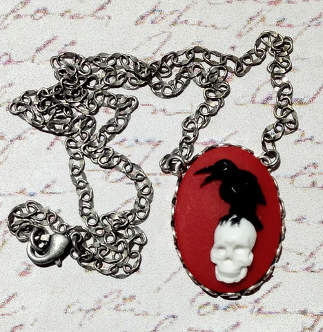 Black Raven on Skull in Crimson Cameo Necklace