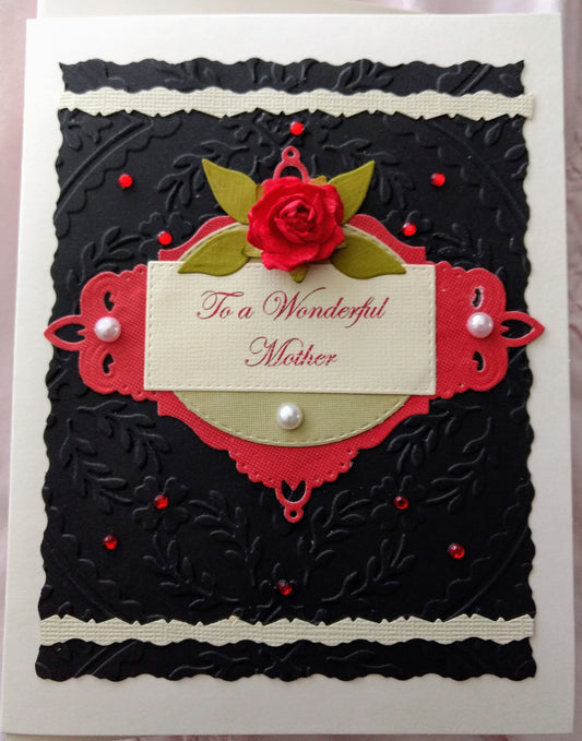 To a Wonderful Mother ~ Black Chic Red Rose Handmade Card