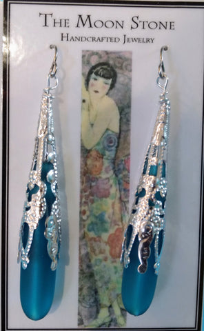 1920s Sea Glass Drop Earrings ~ Teal