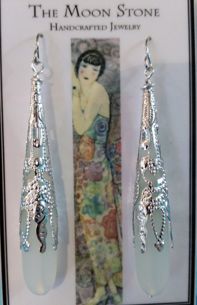 1920s Sea Glass Drop Earrings ~ Moonstone
