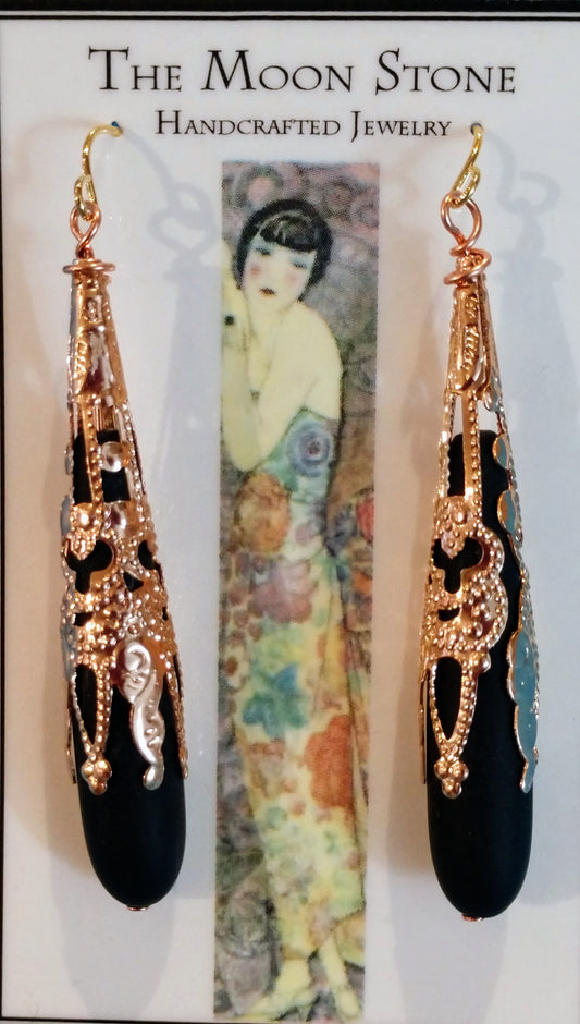 1920s Sea Glass Drop Earrings ~ Jet Black