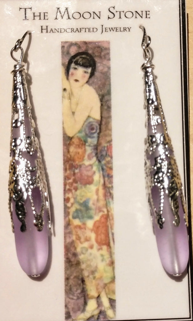 1920s Sea Glass Drop Earrings ~ Light Lavender