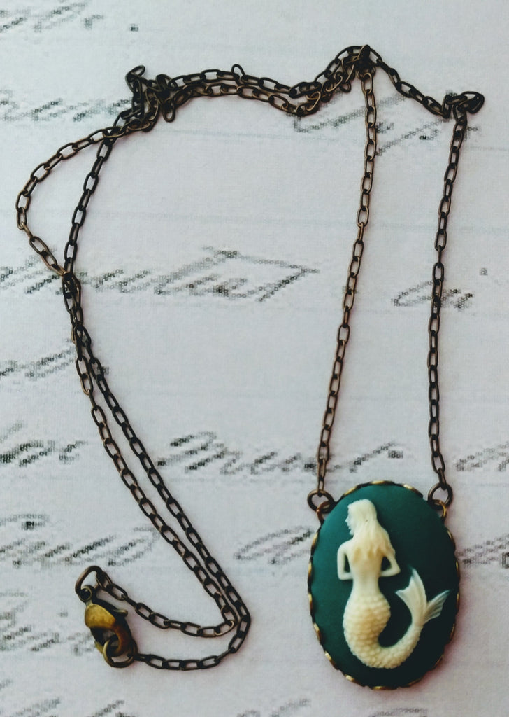 Siren Mermaid in Aqua Profile Cameo Necklace