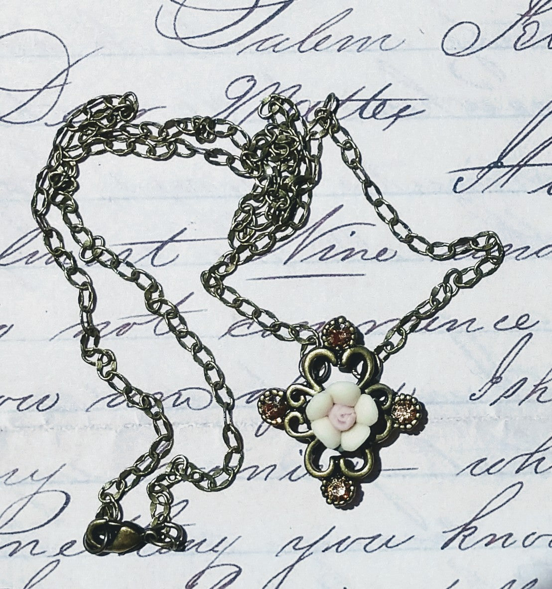 Victorian Rose "Cross" Brass Pendant Necklace