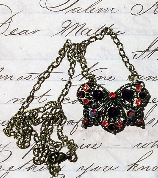 Victorian Crystal Butterfly Brass Pendant Necklace