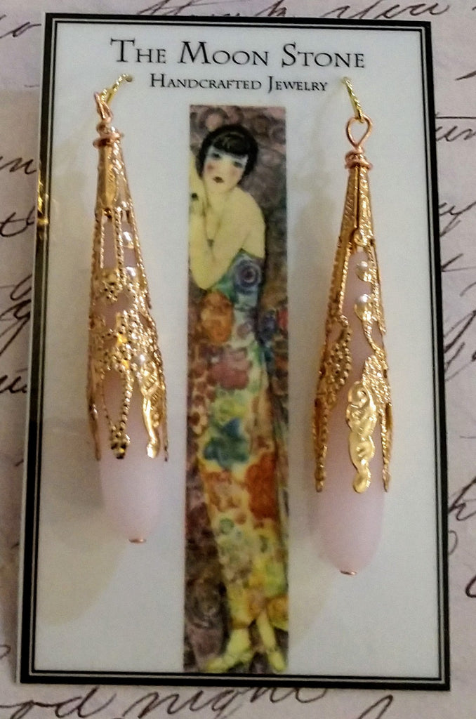 1920s Sea Glass Drop Earrings ~ Opaque Pink