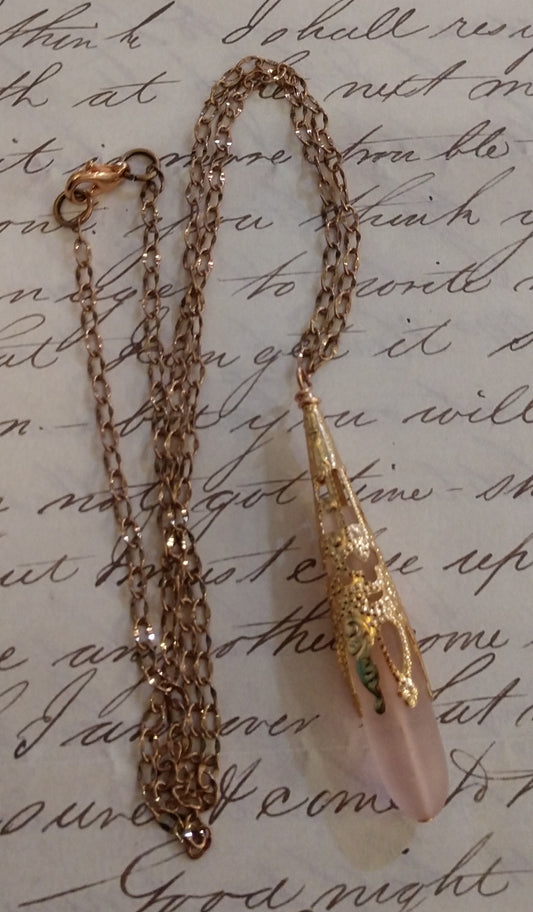 1920s Sea Glass Drop Necklace ~ Pink