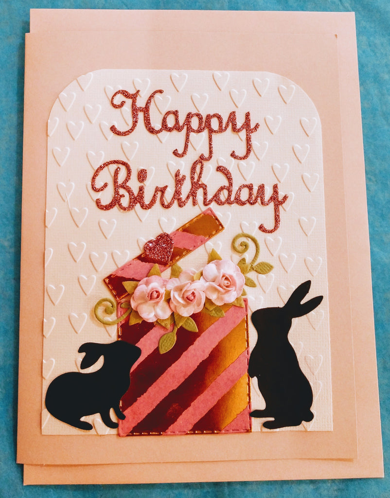 Happy Birthday ~ Pink Roses & Bunnies Handmade Card