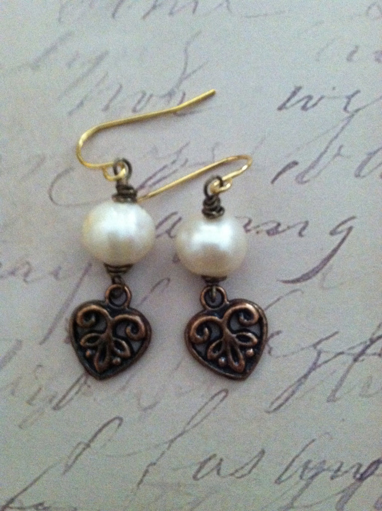 Pearls w/Copper Hearts Earrings