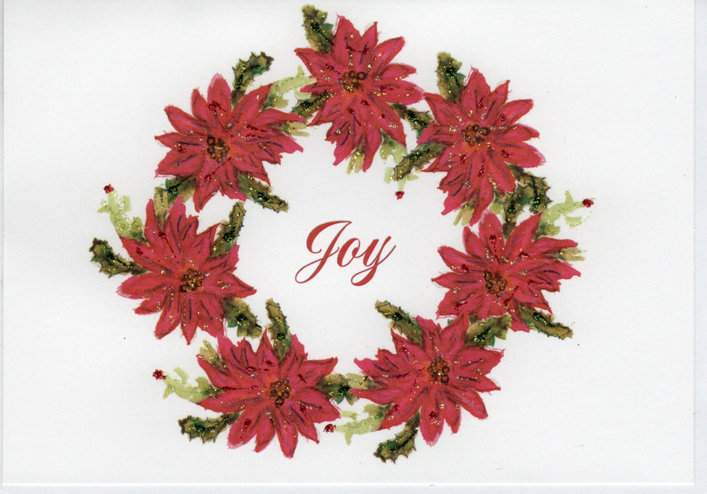 JOY Poinsettia Wreath Holiday Watercolor Glitter Card
