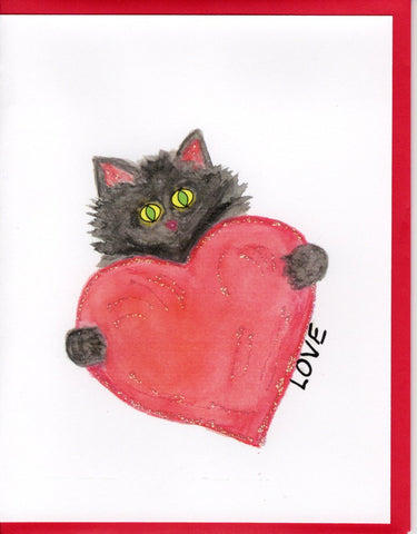 Love Cat Holding Heart Watercolor Glitter Card